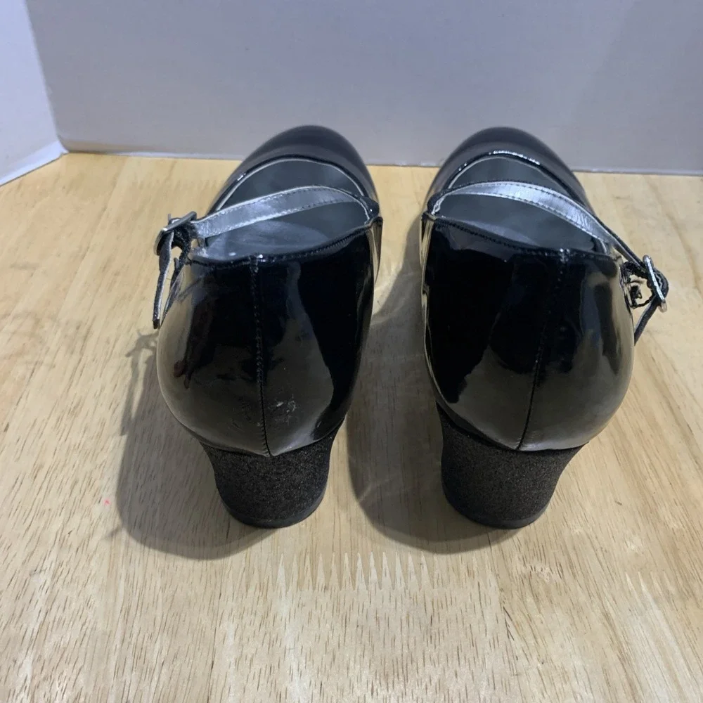Nine West Heels Dreas Shoes Girls Sz 5M Black Patten Mary Jane Sparkle Glitter‎